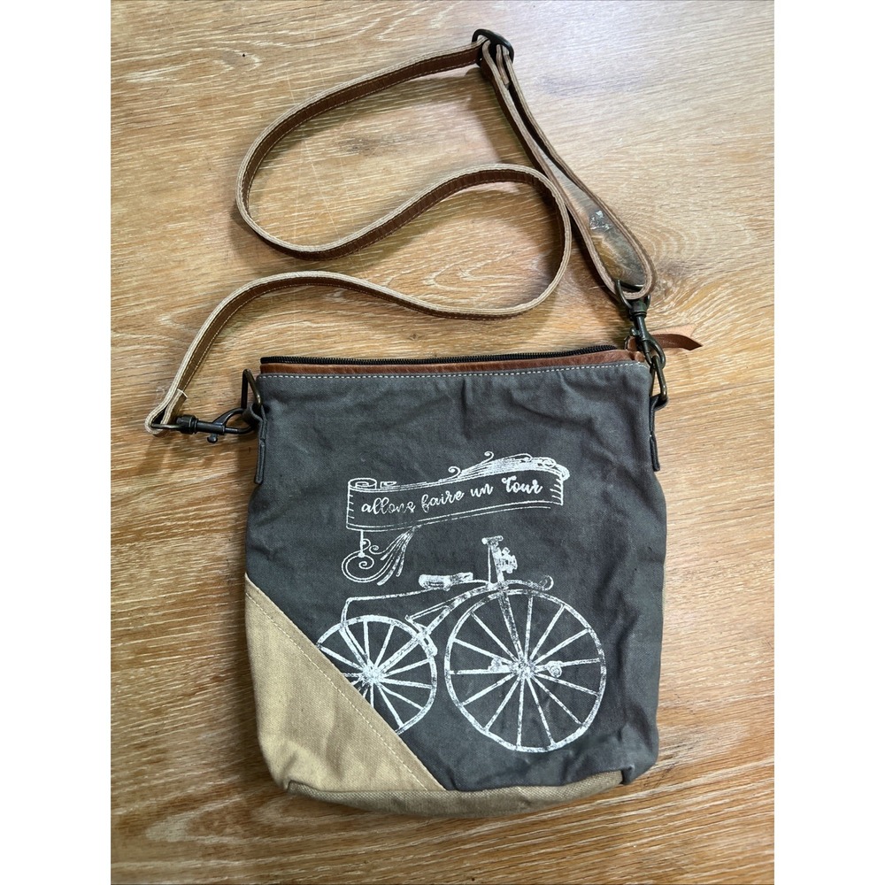 Upcycled Canvas Crossbody Bag Leather Strap Bike Bicycle Army